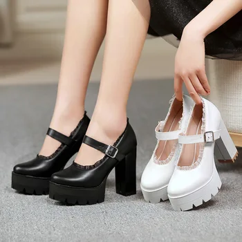 2021 Nouă Platformă Pătrată Femeile cu Toc Pompe de Moda Catarama Dantela Doamnelor Pantofi cu Toc din Piele PU pentru Femei Pantofi de Dimensiuni Mari 43