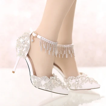 Albă a Subliniat Toe Pantofi eleganți cu Toc Rochie de Mireasa Pantofi cu Stras Bretele Glezna Sandale de Vara Petrecere Pantofi de Cristal