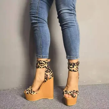 ASHIOFU 2020 Handmade Femei Wadge Sandale cu Toc Piele de Leopard Sexy Club Pantofi de Partid Poze Reale Seara de Moda Sandale Pantofi