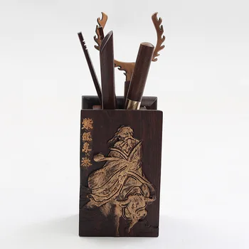 De aur-Pictat de Abanos lemn de Trandafir din Lemn Masiv Ceremonia Ceaiului Șase Elemente Kung Fu Ustensile de Ceai cu Vas de Cupru Furculiță Lingură de Lemn Bambus
