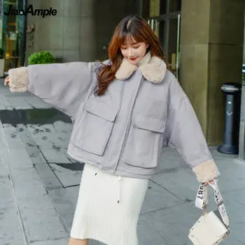 Femei Iarna Cald Gros Paltoane 2021 Fete coreene Dulce Student Scurt Fleece Guler Blana Lady Roz de Cauzalitate Liber Îmbrăcăminte exterioară
