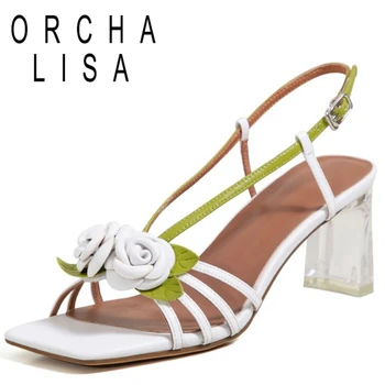 ORCHA LISA 2021 Moda Sandale Floare Curea Cataramă 6cm Pantofi Drăguț Transparent Toc Pătrat US12 Bej Galben A4231