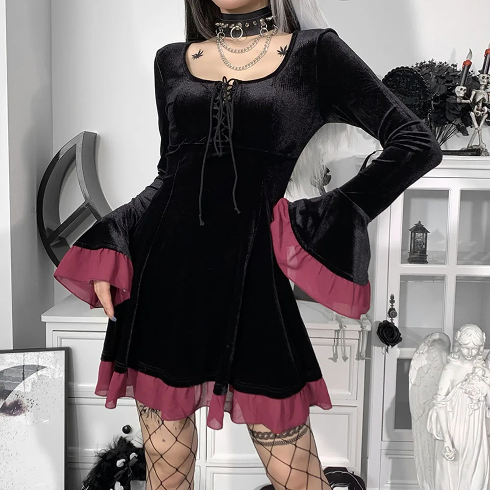 Petitioner Sculptor Amuse Gotic 2021 toamna iarna nou-moda pentru femei rochie de catifea despicare  contrast de culoare mâneci evazate u-gât bandaj rochie sexy / Îmbrăcăminte  pentru femei \ Lotus-imobiliare.ro